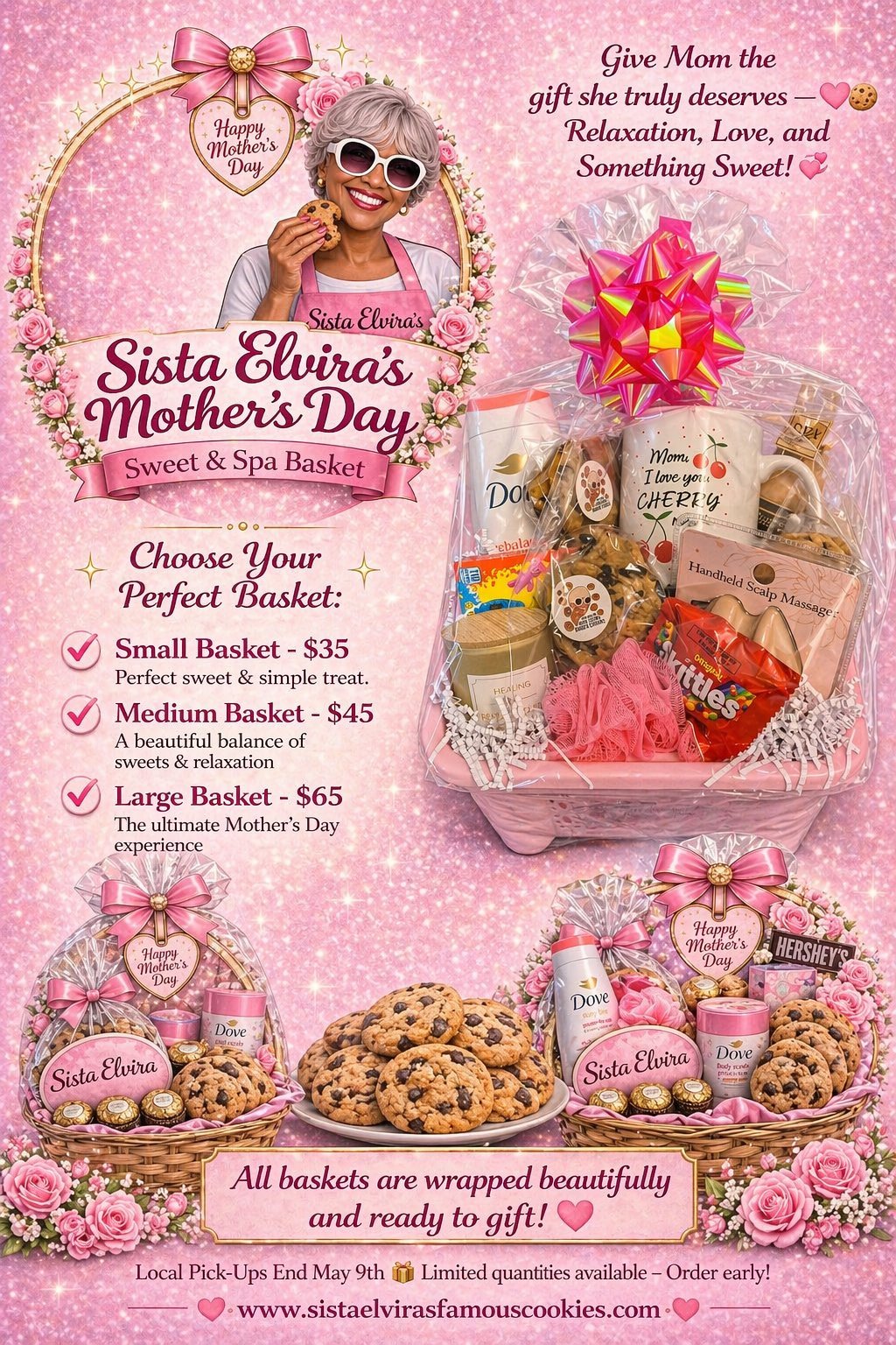 Sista Elviras Mothers Day Sweet and Spa Basket promotional flyer featuring gift basket options with cookies, treats, and relaxation items in pink packaging.