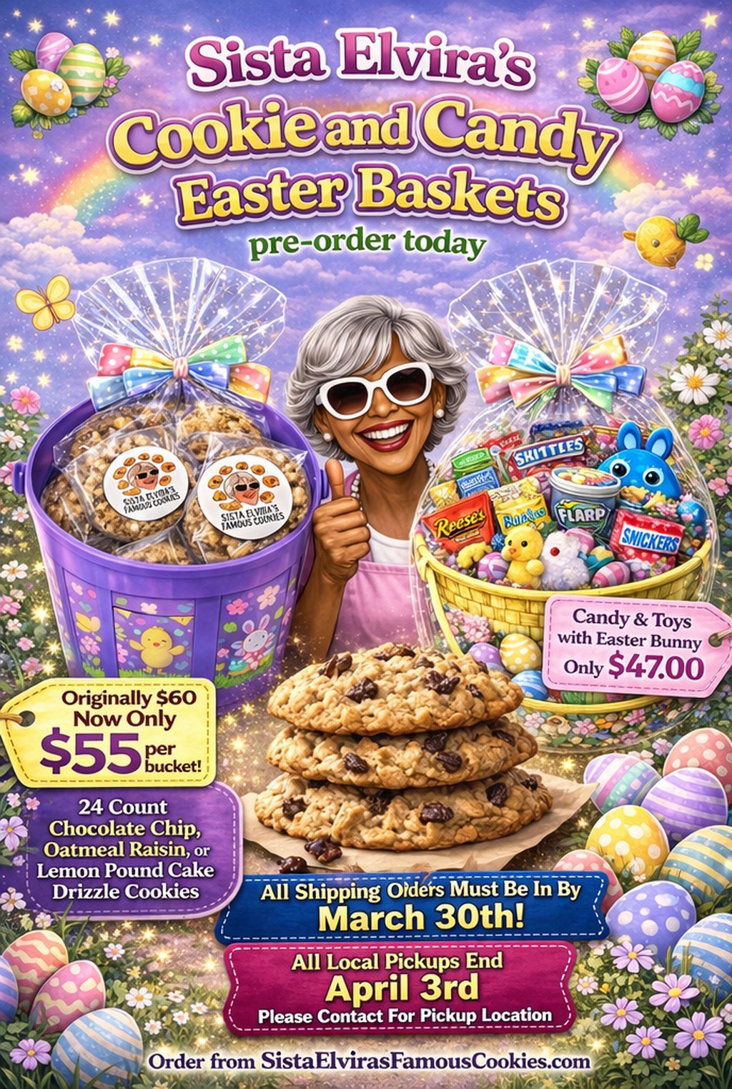 Sista Elviras Cookie and Candy Easter Baskets promotional poster featuring an older woman with sunglasses holding cookies and candy baskets with pricing and pre-order details